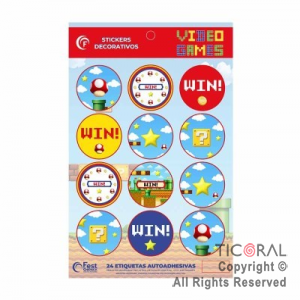 SUPER MARIO BROSS STICKERS AUTOADHESIVOS X 24 UNIDADES